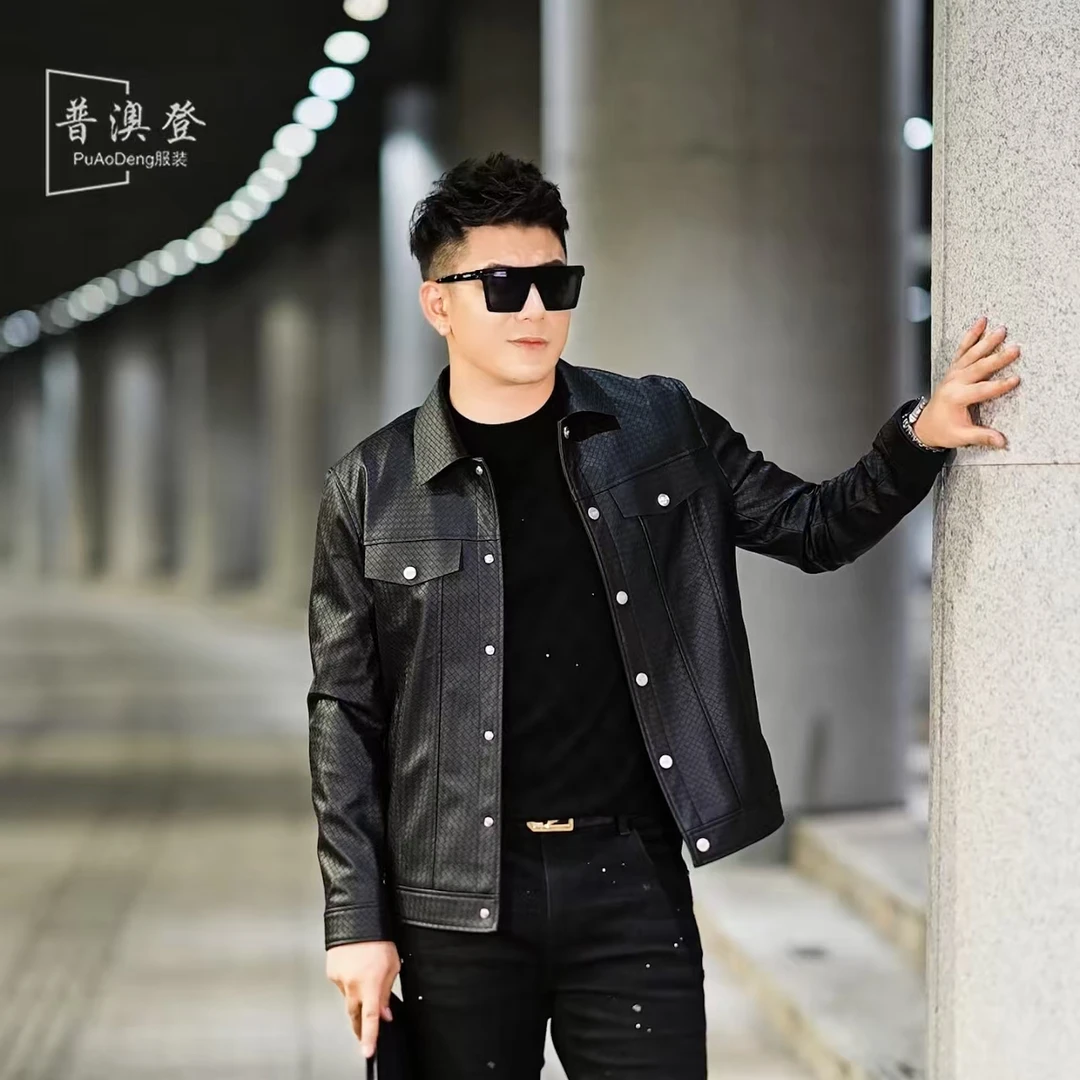 2025男士皮衣秋季新款时尚潮流百搭休闲编织纹理翻领皮夹克外套