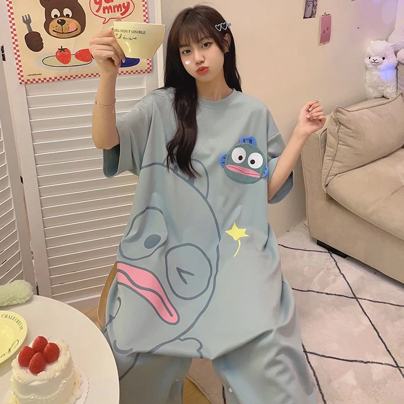 丑鱼连体睡衣女棉质夏季天短袖薄款大码宽松睡裙卡通家居服可外穿