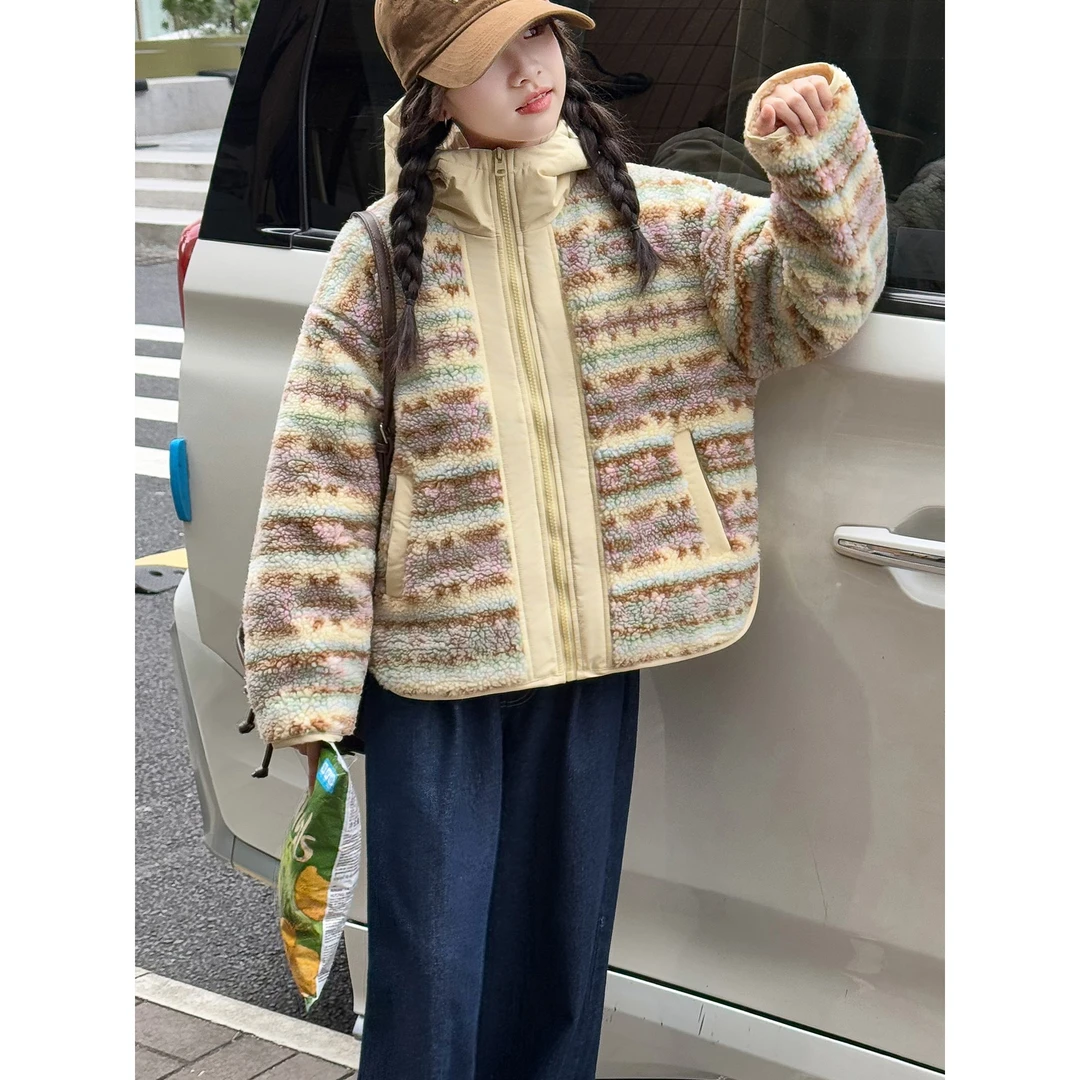 女童秋冬费尔岛毛毛衣外套2025新款女孩大童夹连帽加绒加厚服