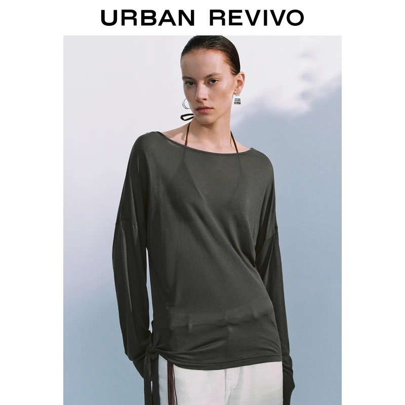 UR2025新款女装慵懒休闲设计感镂空绑带长袖T恤UWG450173