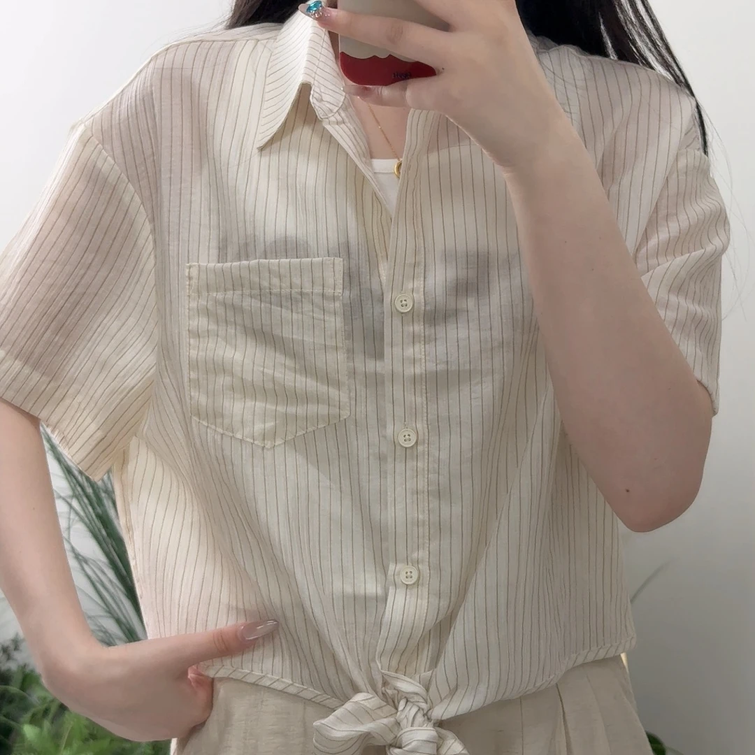 抽绳条纹上衣短袖薄款常规短款夏季衬衫小众复古法式