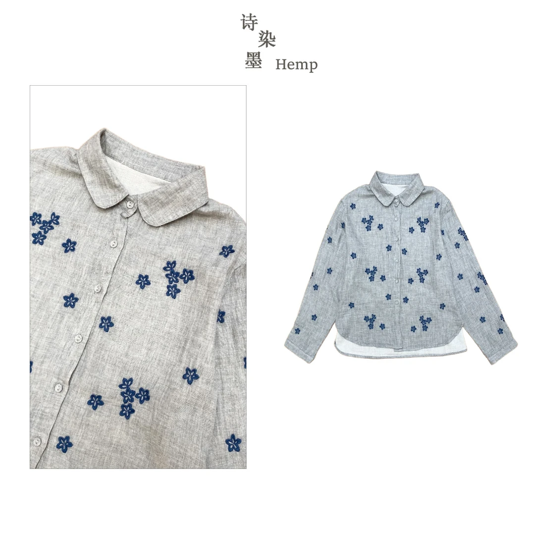 【翻领蓝色花朵刺绣棉纱衬衫】4860