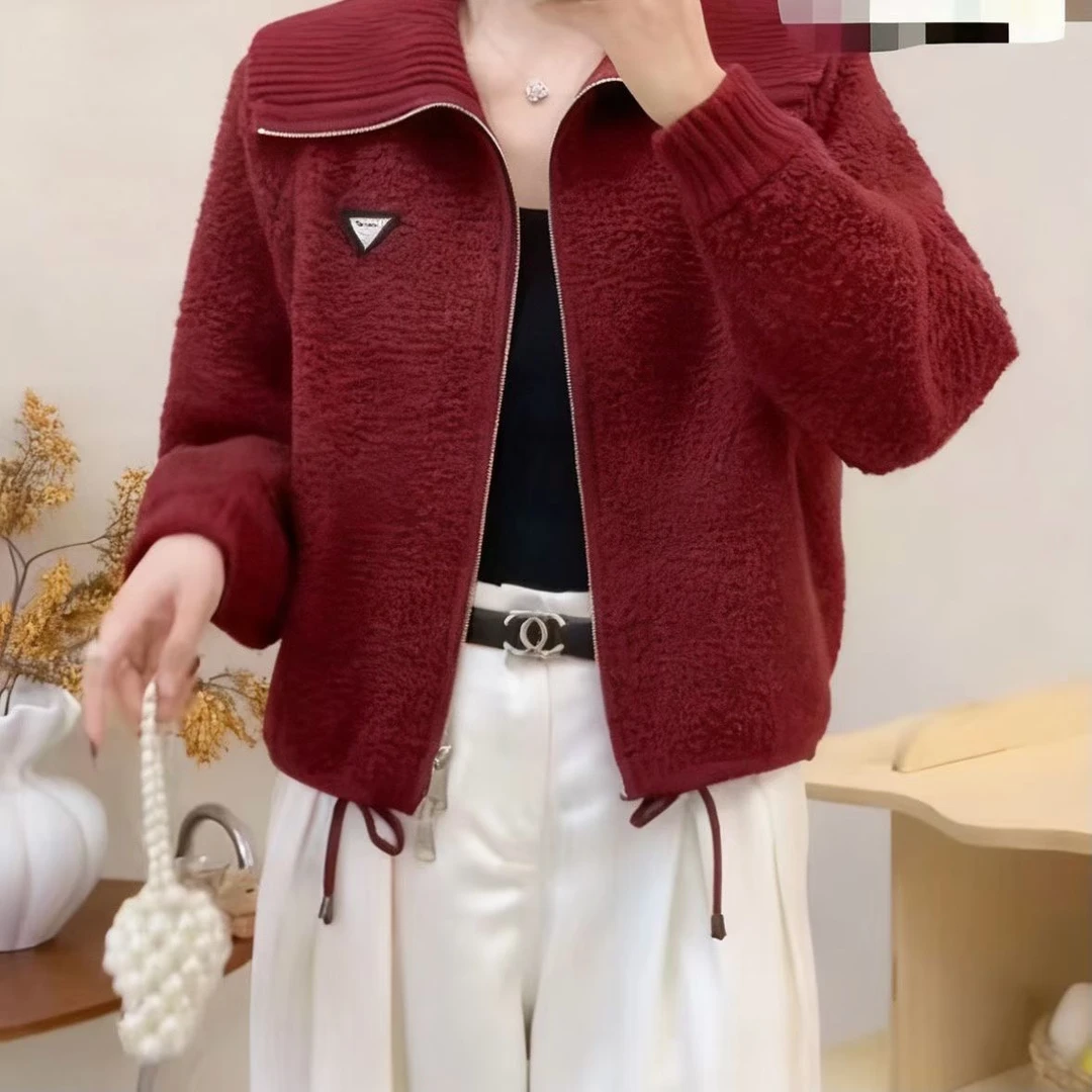 冬季新款时尚翻领拉链颗粒绒外套女韩版休闲通勤立领百搭保暖短款