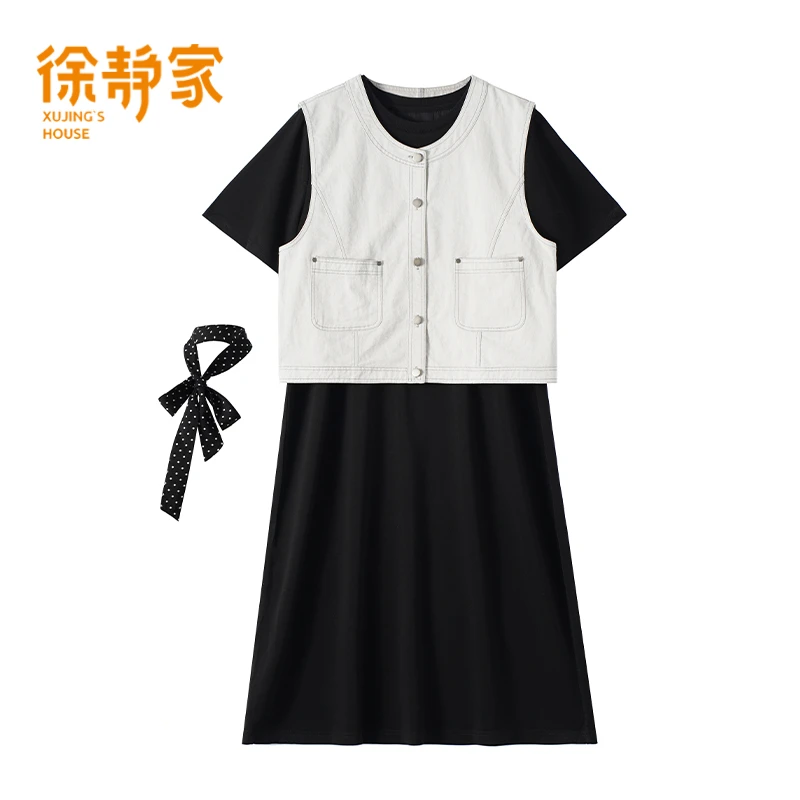 高级感波点飘带短袖连衣裙套装女士2025夏季新牛仔马甲6360033