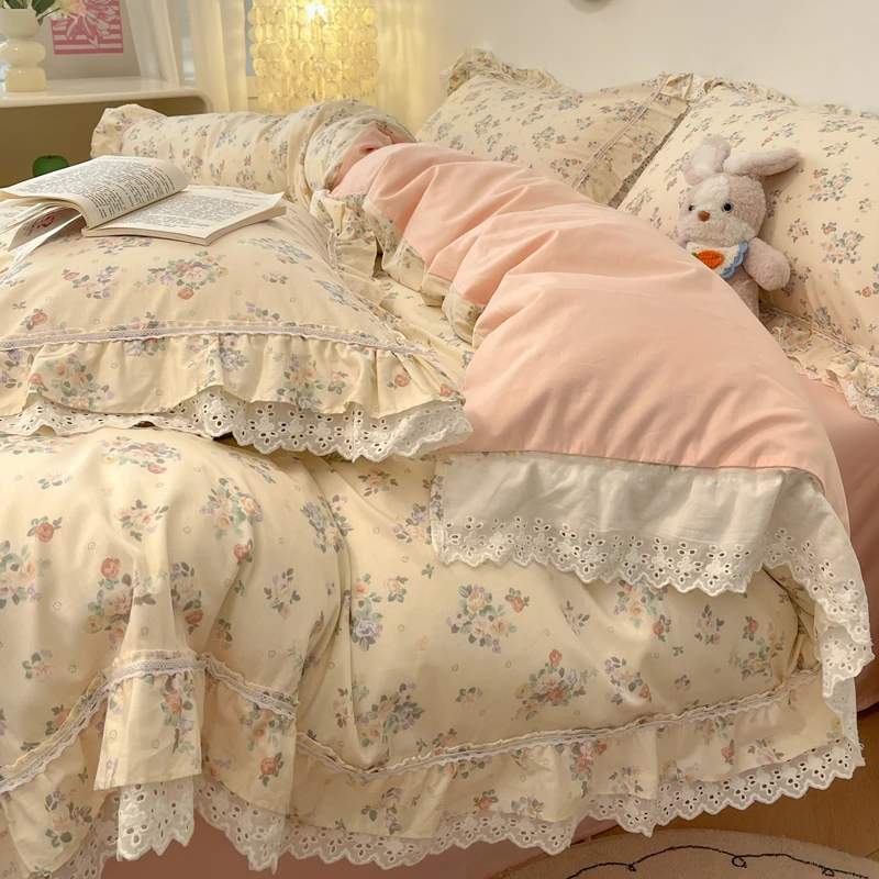 法式公主风全棉床上四件套碎花荷叶边纯棉花边被套床单三件套床品