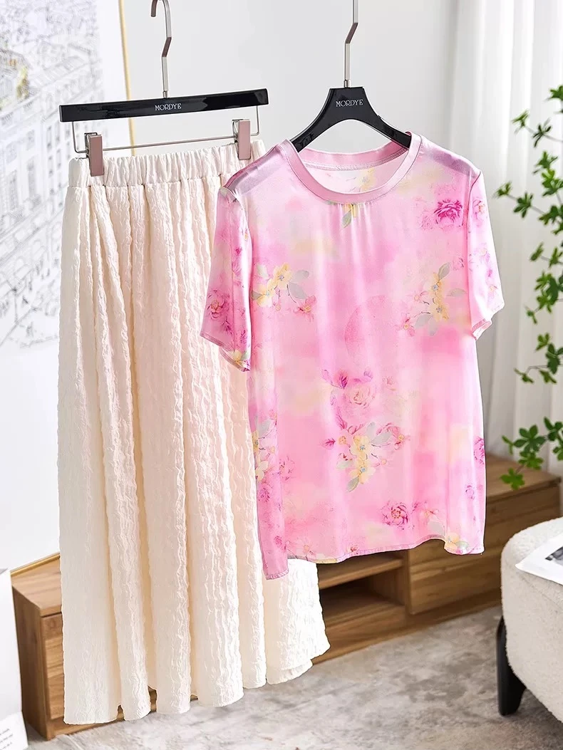 双乔弹力缎真丝洋气夏季圆领宽松型T恤常规国风韩版休闲短袖薄款