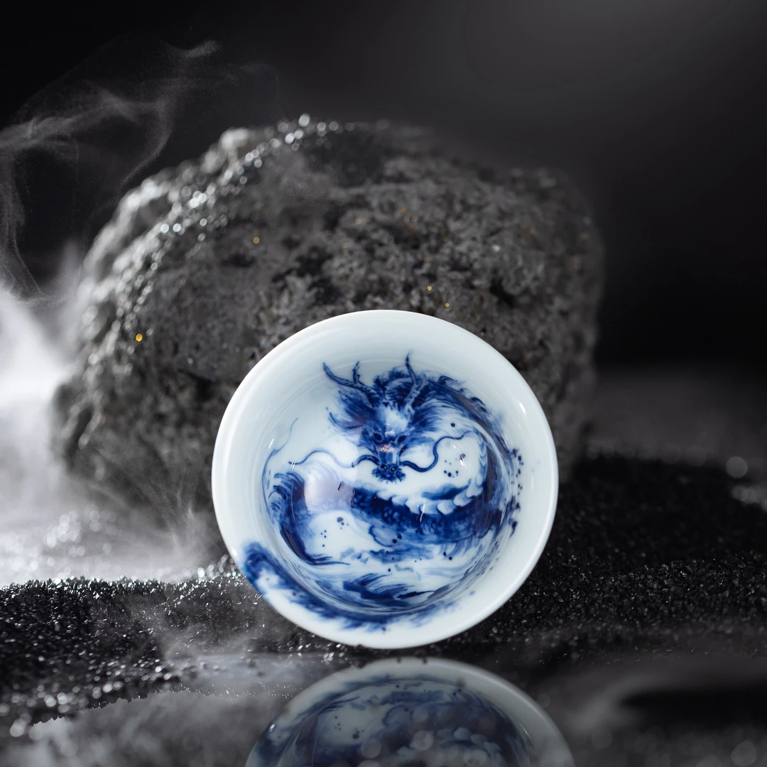 【国风系列】钟家窑柴窑青花水墨玄龙小压手杯主人杯手绘