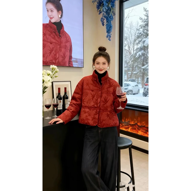 新中式国风提花短款纯色棉服女2026年冬季新款小个子立领盘扣外套