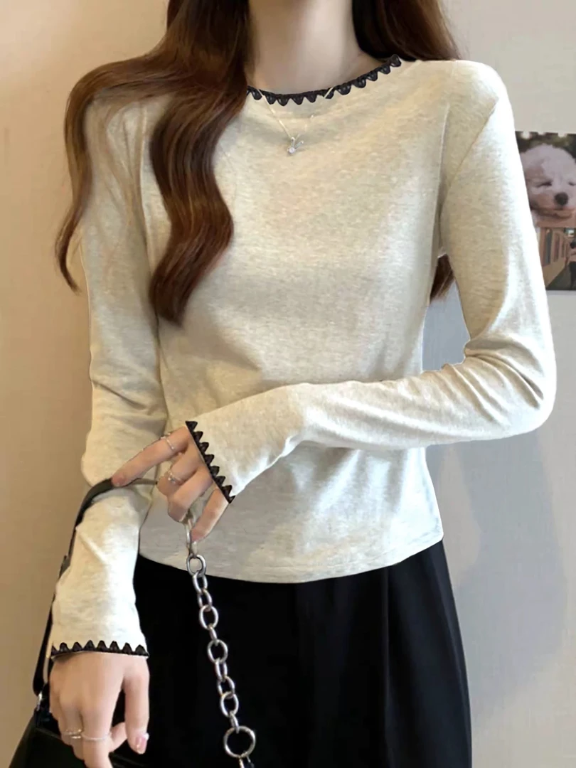秋季复古正肩小众打底上衣2025新款宽松显瘦灰色棉圆领长袖T恤女