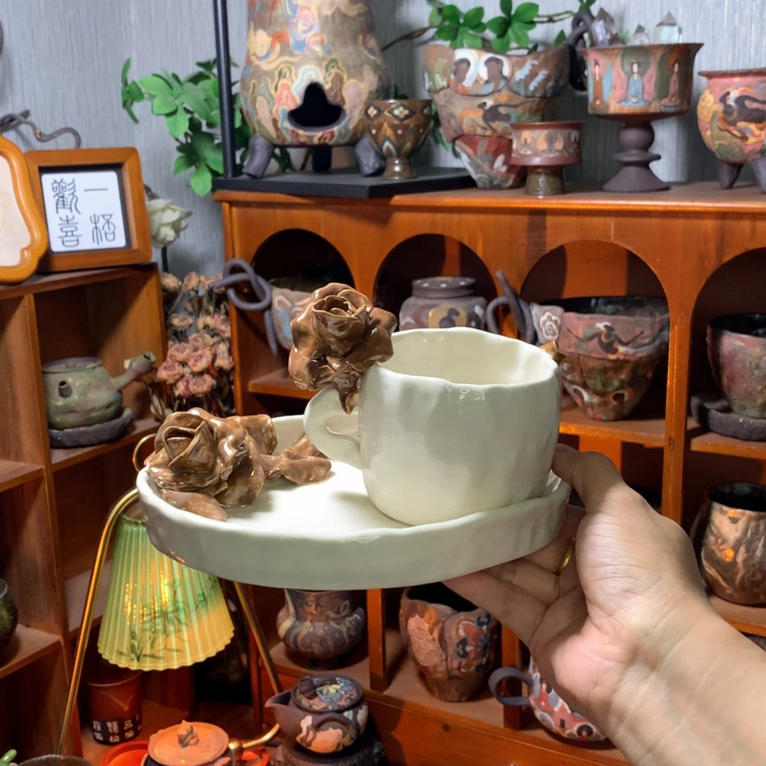 陶咖啡色玫瑰杯套装
