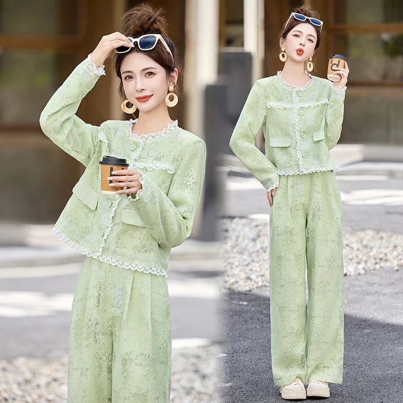 法式小香风蕾丝拼接套装女2025春秋新款时尚镂空提花阔腿裤两件套