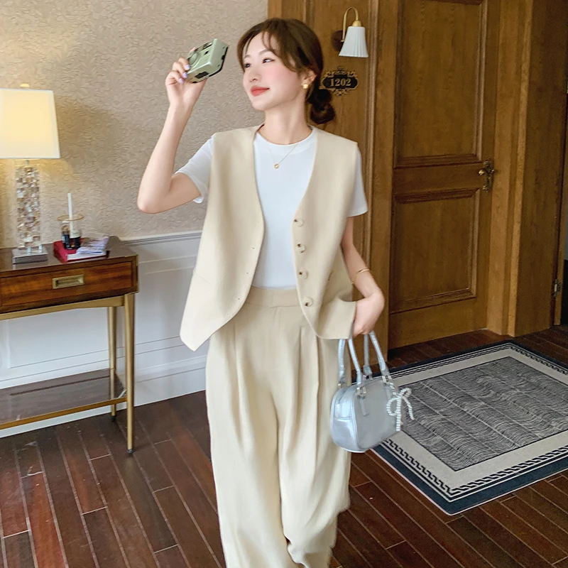 休闲老钱风西装马甲套装2025新款女夏季高级松弛感韩版气质三件套