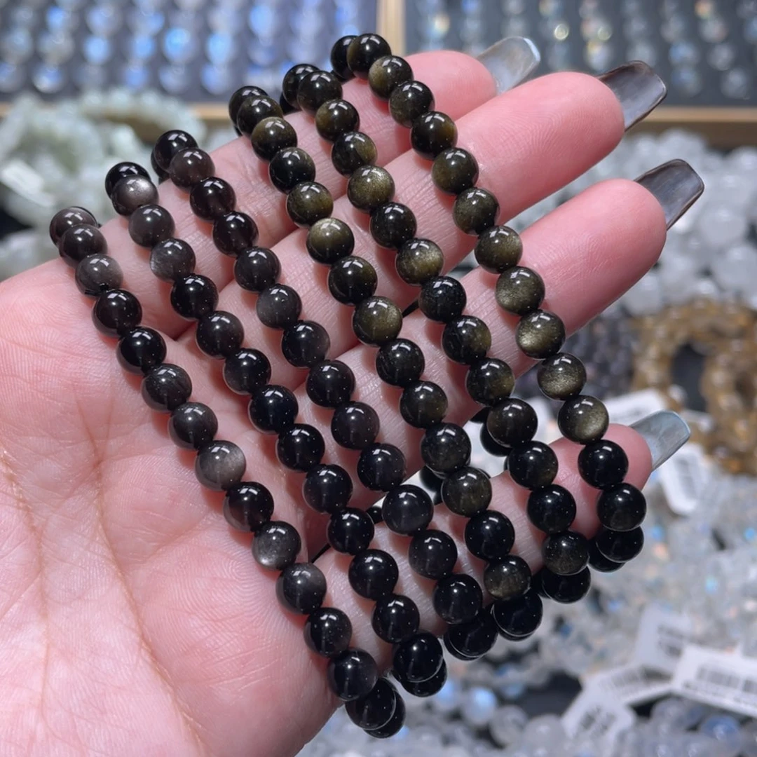 黑曜岩未镶嵌手链金耀 银耀手链3圈6mm