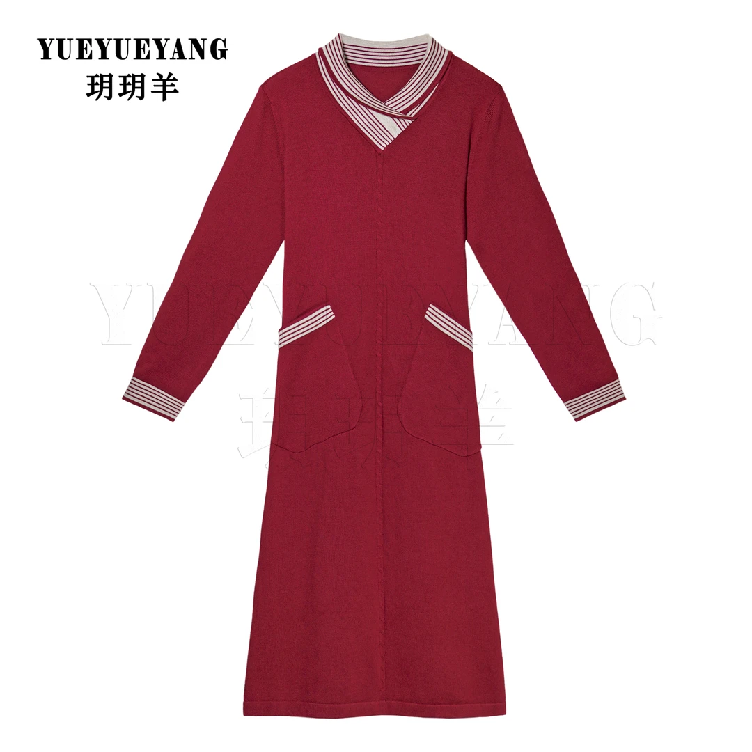 5650酒红气质设计师秋冬长款提花轻奢针织连衣裙