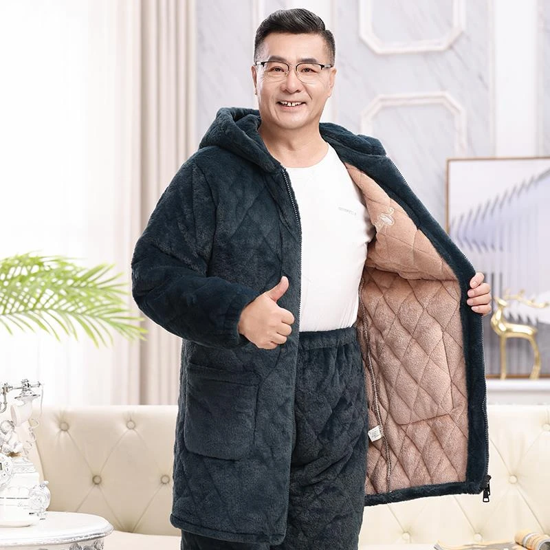 冬季保暖睡衣男士加厚加绒三层夹新连帽拉链情侣德绒胸垫妈妈睡衣