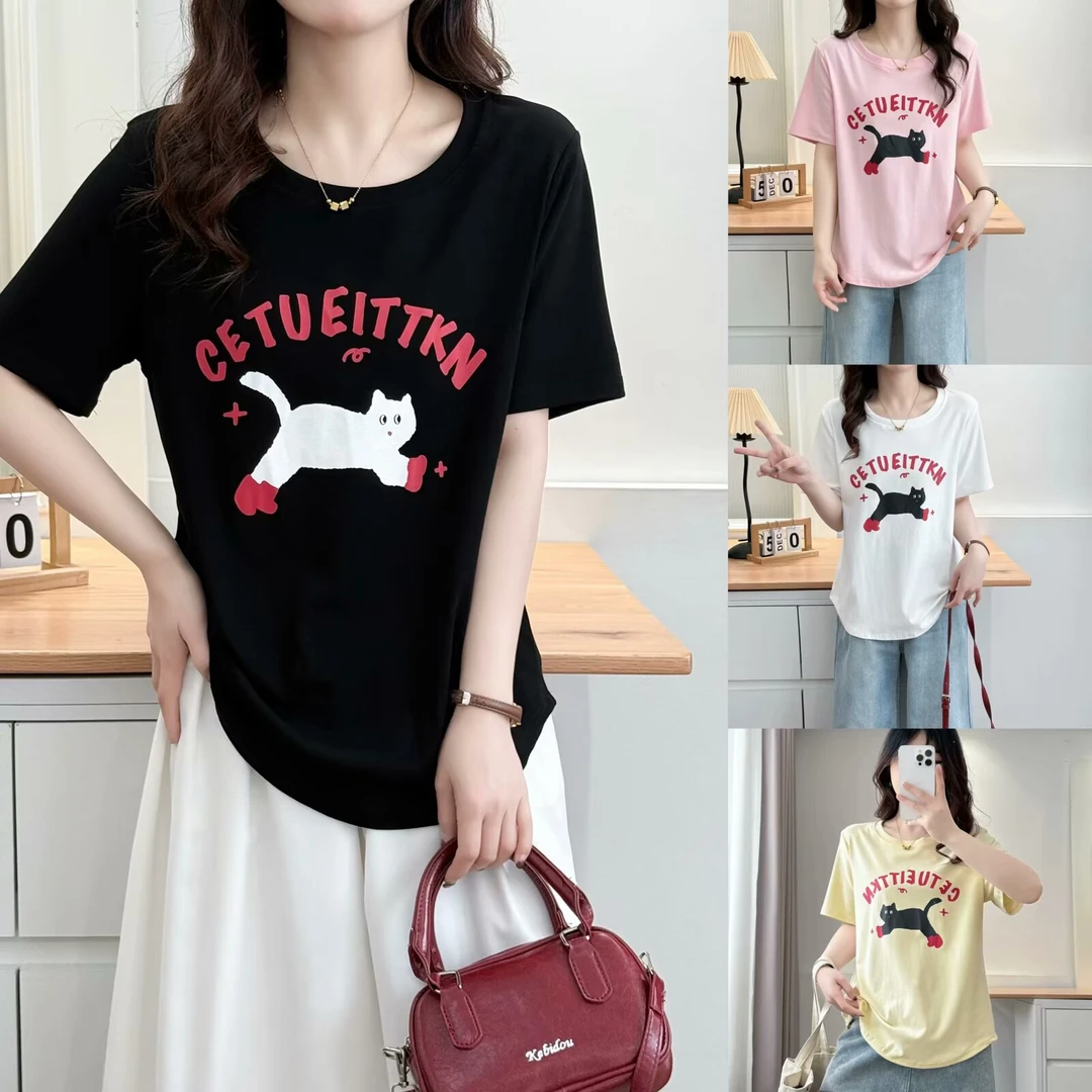 奢怡雅欣宇大码洋气显瘦圆领印花休闲短袖时尚宽松女T恤#一2515