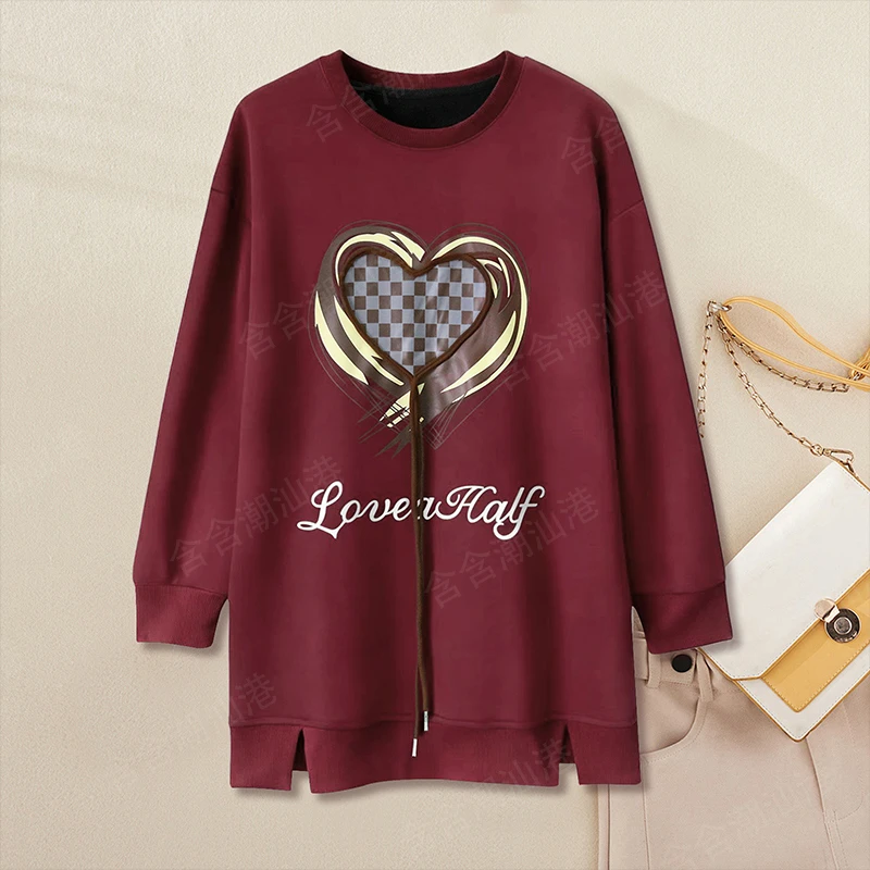 韩版长袖中长款2025秋冬宽松拼接印花开叉时尚百搭绑绳薄款卫衣女