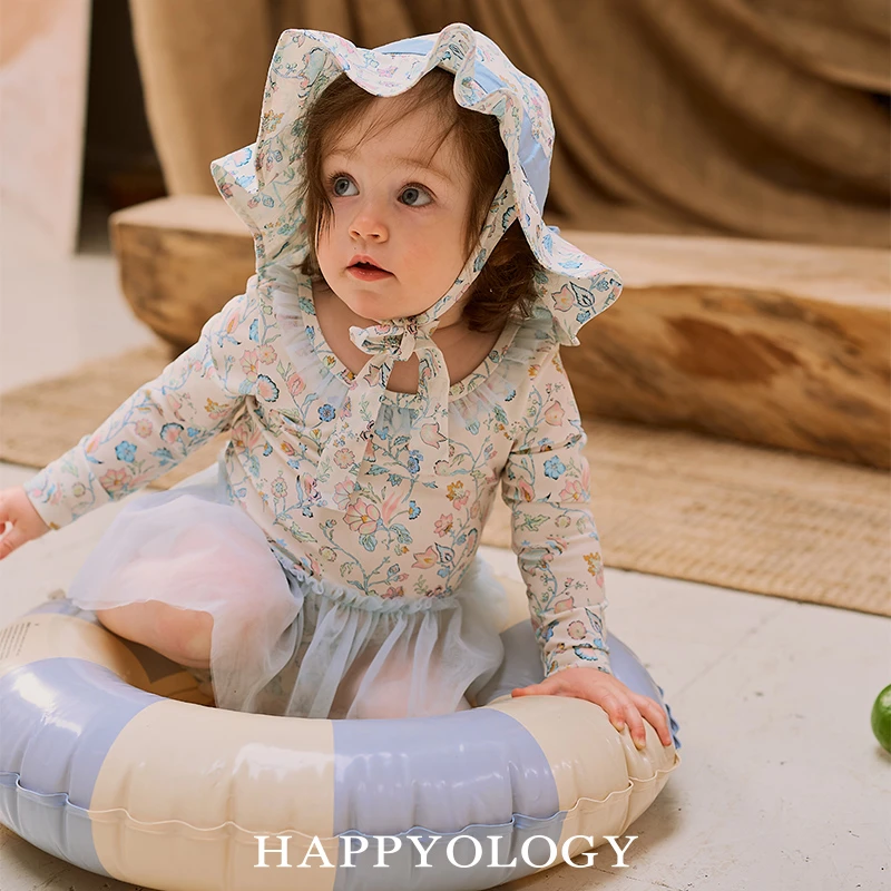 Happyology英国儿童春夏新款网纱荷叶边裙摆女童童装短袖连体泳衣