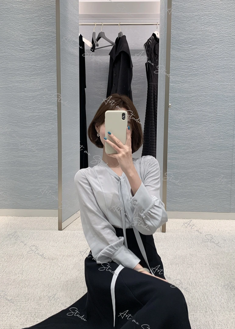 人丝优雅智感清冷气质老粉必入自留款亲肤系带三色上衣w1681w1