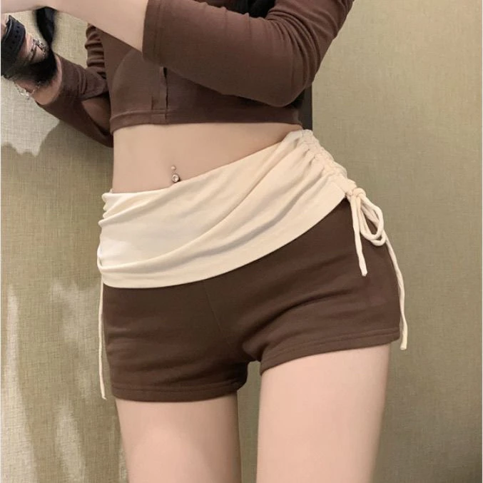 休闲裤女春季性感辣妹风拼色设计感裤子美式新款抽绳高腰包臀短裤