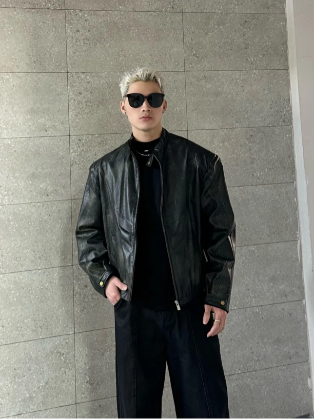 水洗灰色立领牛仔外套男复古潮流短款美式夹克W0222