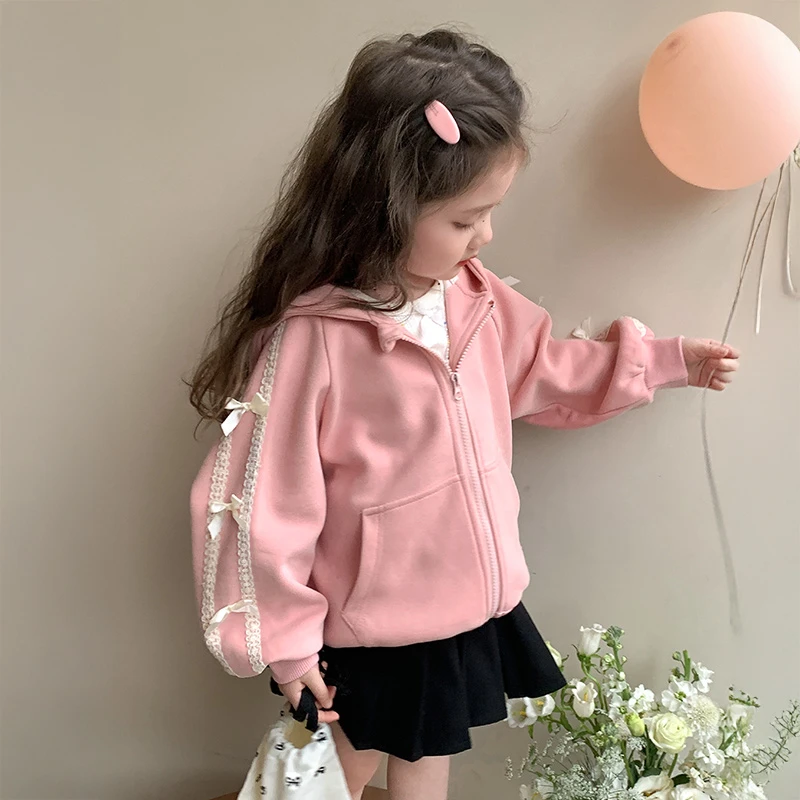 女童蝴蝶结外套2025新款儿童春秋装韩版洋气女宝宝春季连帽上衣潮