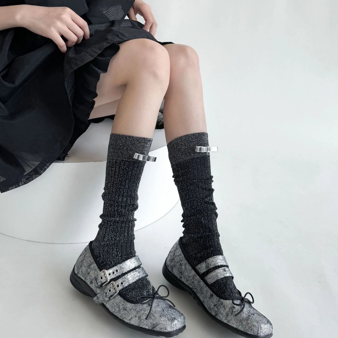 新品亮丝堆堆小腿袜女竖条bling细闪皮质蝴蝶结中筒袜走秀款