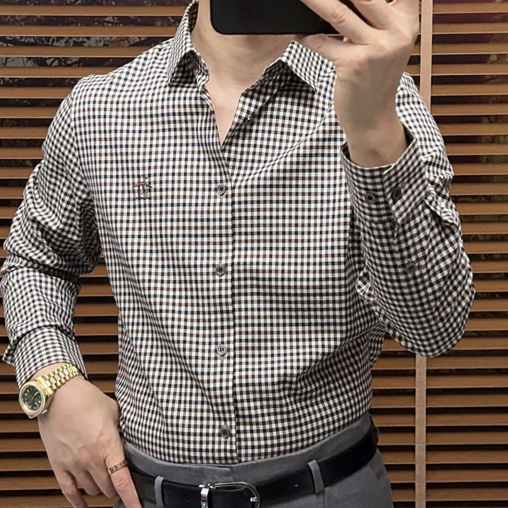 男士秋季格子长袖衬衫休闲百搭透气抗皱商务上衣春秋衬衣时尚春季