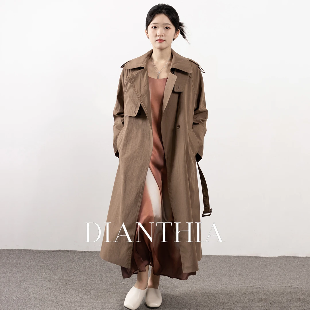 DianThia撞色袖高级感长款风衣外套女2025秋双排扣小个子收腰大衣