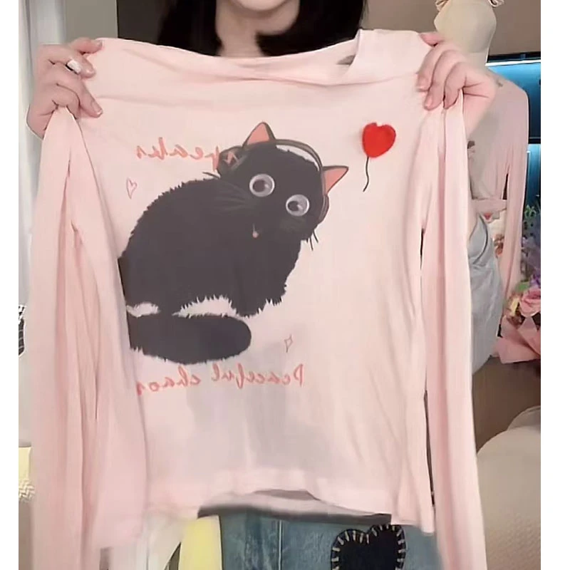 设计感猫咪爱心印花短款长袖T恤女2025春夏新款薄款打底防晒上衣