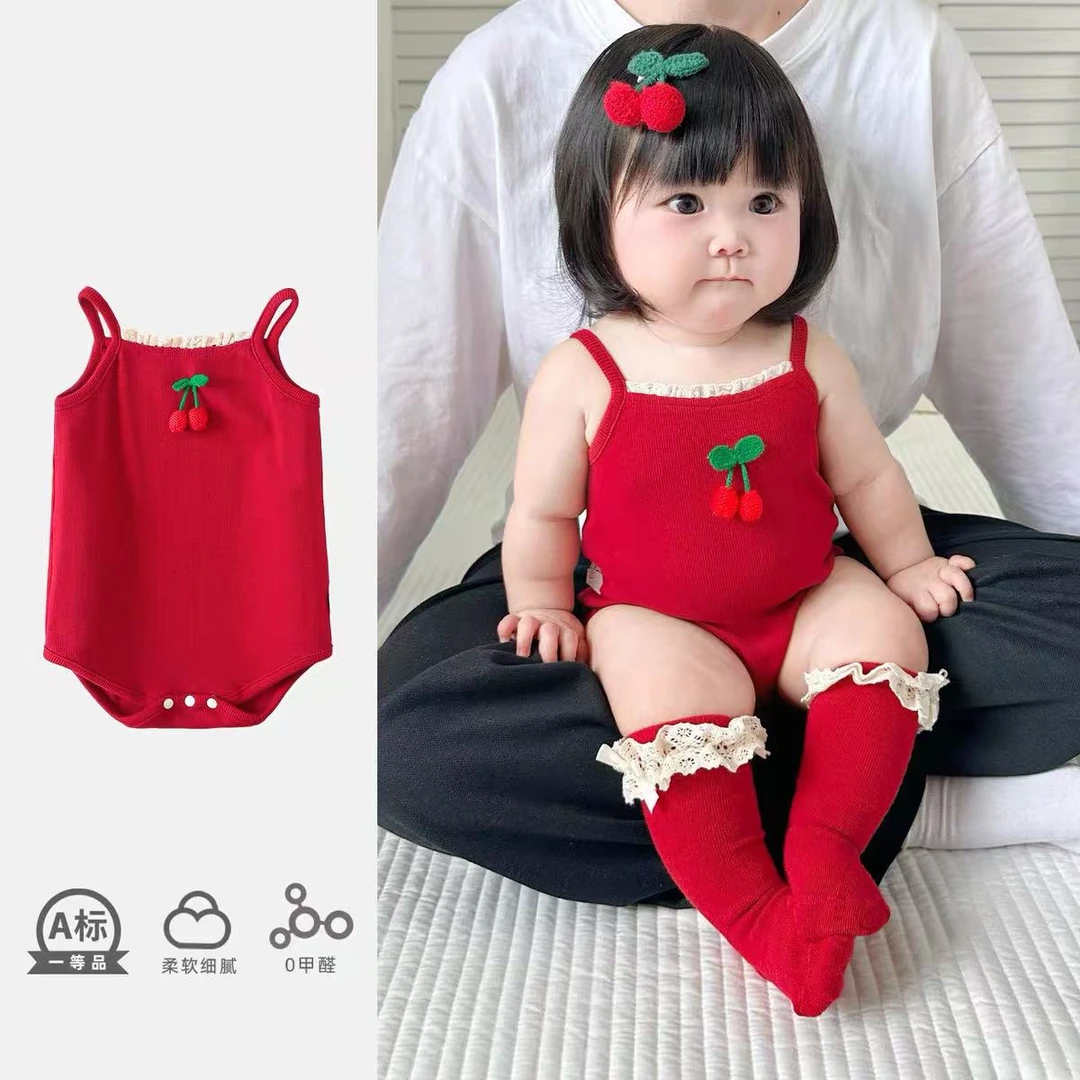 婴儿衣服夏季满月百天周岁礼服吊带包屁衣樱桃连体衣外出服哈衣红
