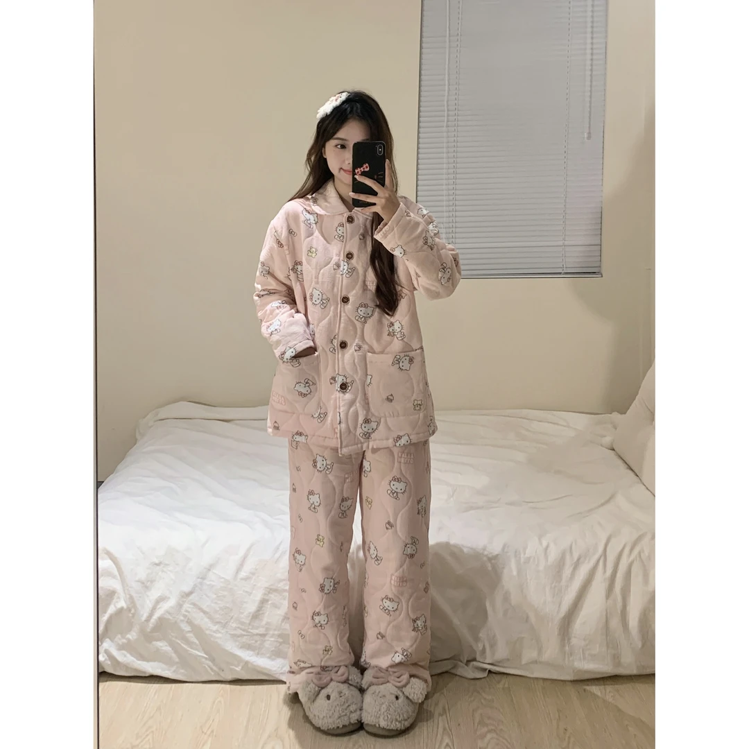 【少女粉kitty】新款卡通空气棉睡衣女秋冬加厚家居服可外穿套装