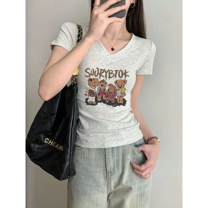 白灰色v领正肩短袖t恤女夏季修身收腰甜辣设计感纯棉印花美式上衣