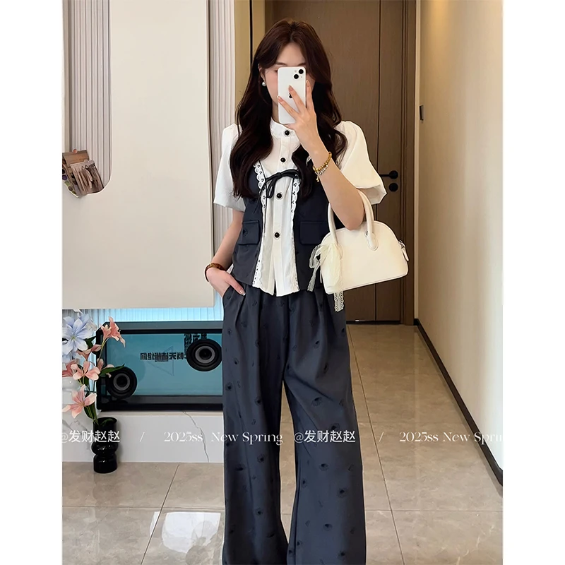 【赵赵专属】老钱风拼接假两件上衣搭高腰裤出游穿搭一整套女夏季