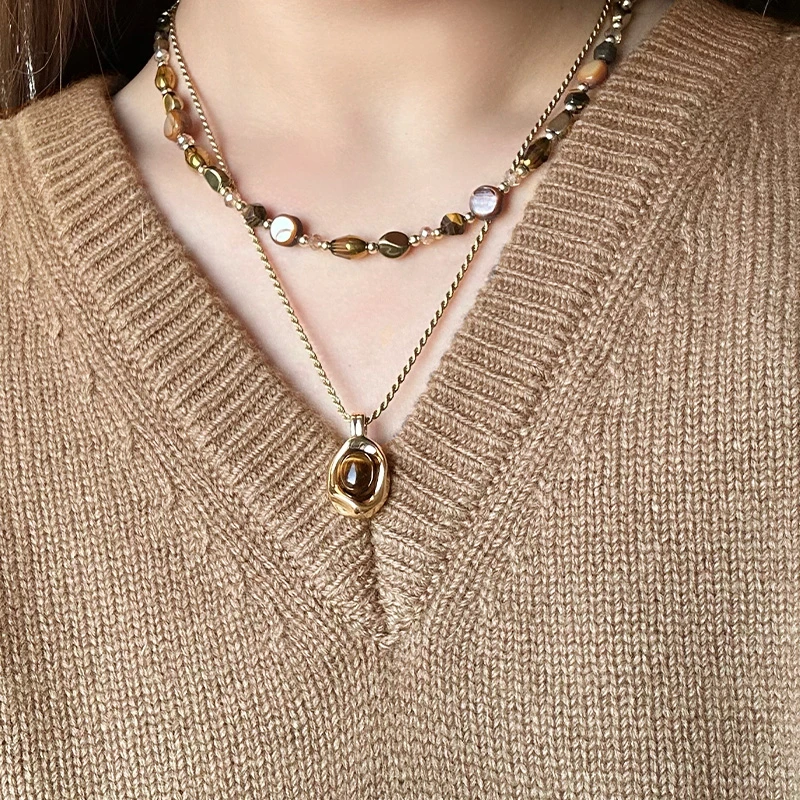 美拉德天然石虎眼石项链毛衣链咖色珍珠美拉德配饰