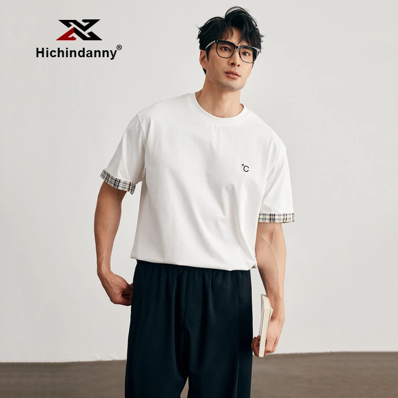 HICHIN运动T恤男士夏季格子拼接假两件短袖t恤宽松圆领百搭体恤衫