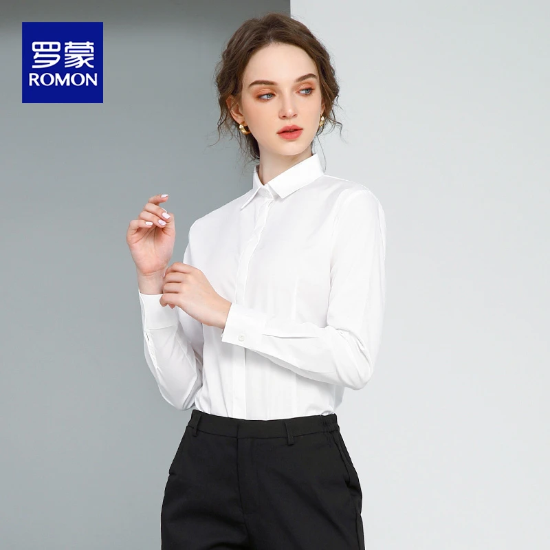 罗蒙女士白色职业衬衫秋冬长袖工作服高级感免烫工装蓝色衬衣