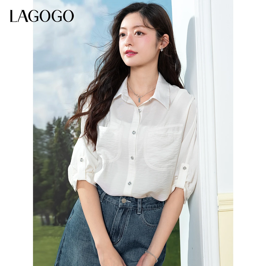 【小云总专享】lagogo2025年新款简约翻领中袖宽松衬衫女OACC333G37