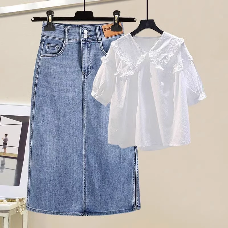 新款套装女2025夏季白色显瘦大码娃娃领衬衫牛仔半身a字裙两件套