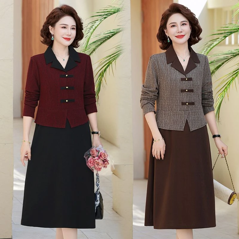 中式假两件连衣裙春秋新款显瘦遮肉气质中老年妈妈时尚西装领裙子