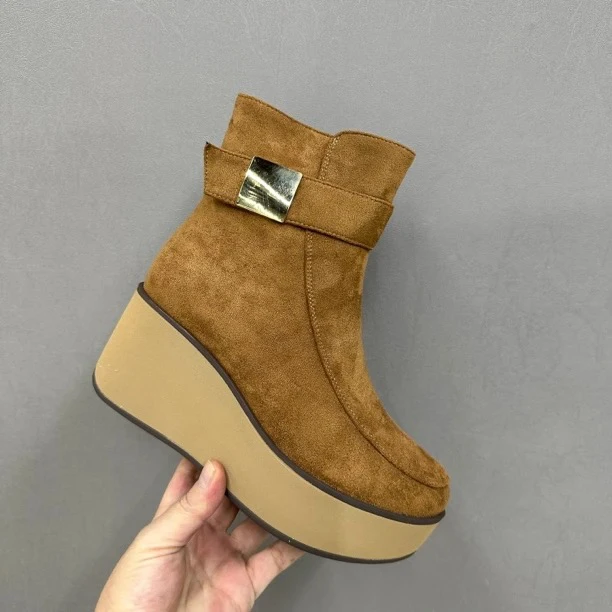 秋冬冬季冬高跟百搭短靴粗跟厚底粘胶鞋休闲坡跟高帮2025