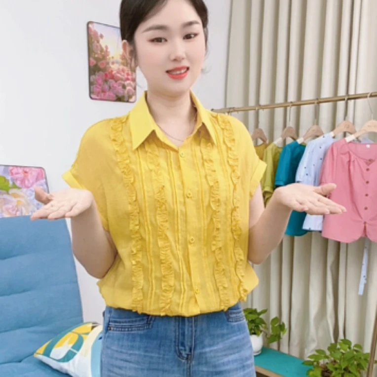 夏季新款上衣百搭时尚洋气宽松显瘦拼接木耳边女士短袖衬衫休闲