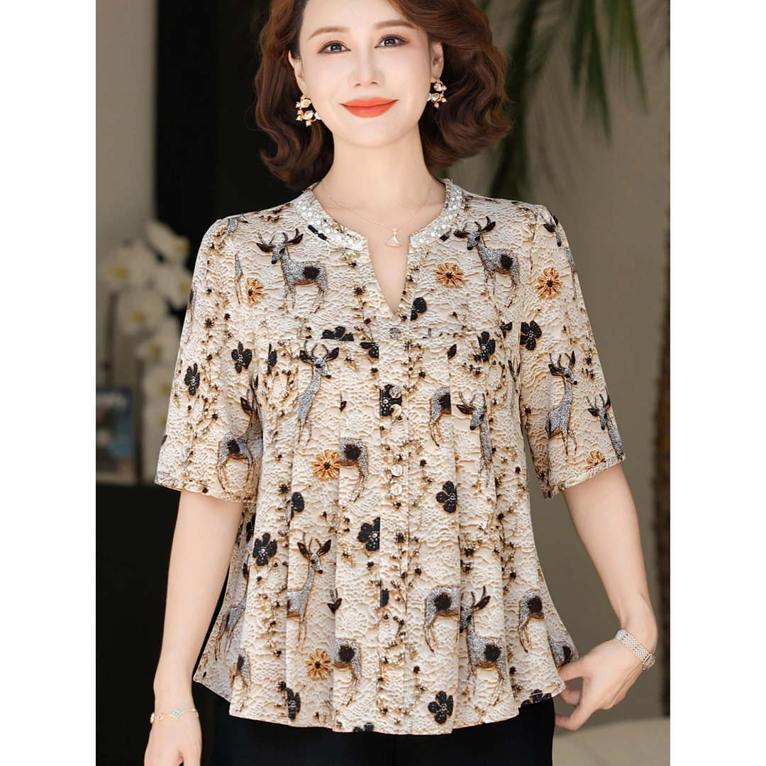 妈妈装夏套装气质减龄冰丝小衫2025新款中老年夏季大码短袖上衣女