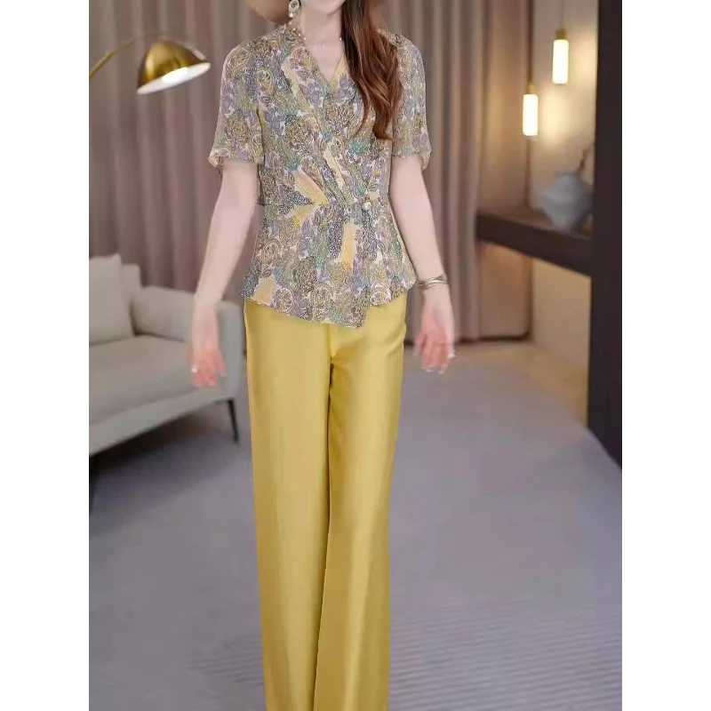 子熙减龄修身时尚套装2025夏季新款设计感妈妈装阔腿裤两件套女款