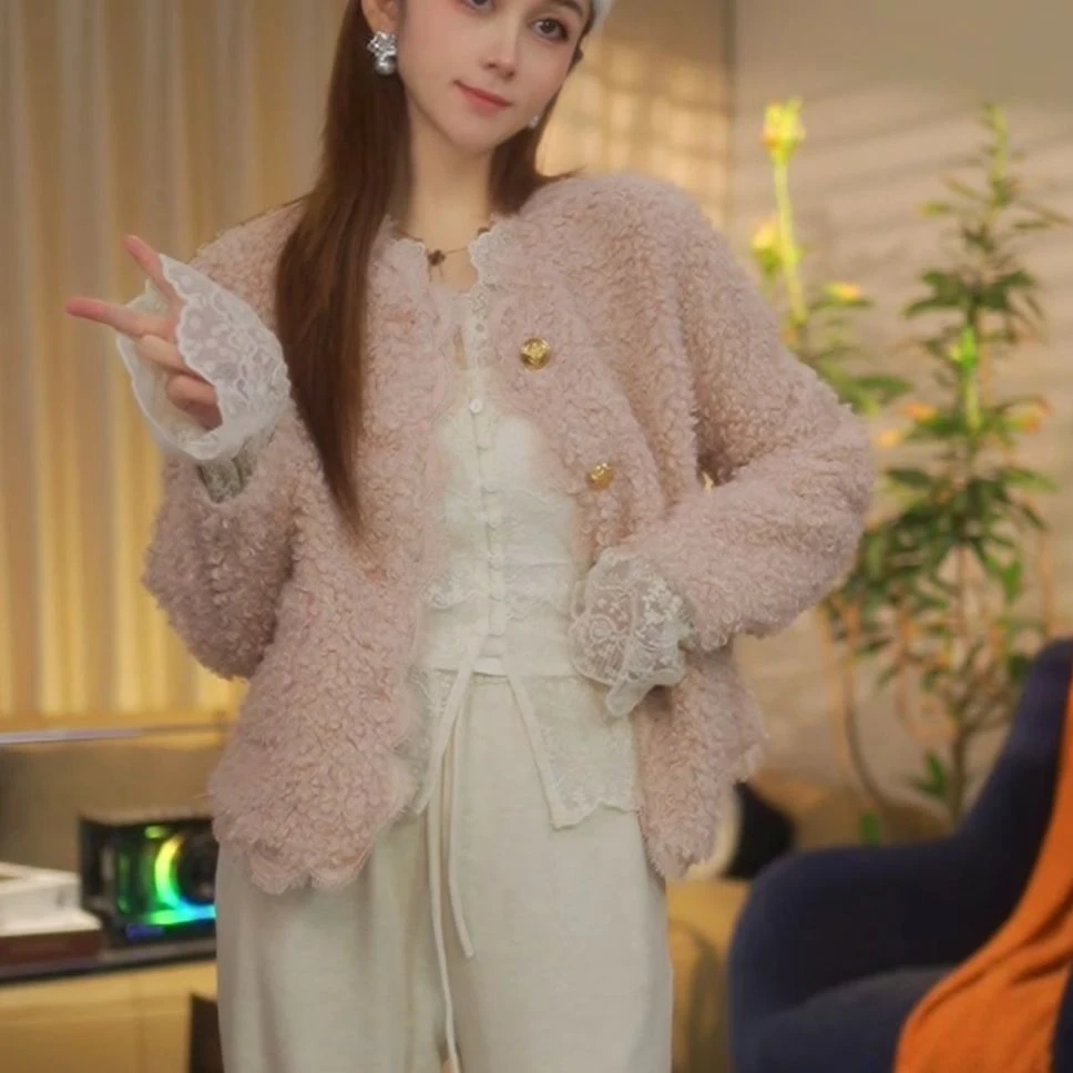 蕾丝边皮毛一体毛呢外套女短款冬季新款高级感名媛风宽松夹克ms