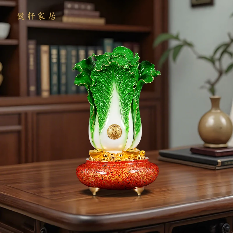 黄铜白菜聚宝盆百财聚来摆件高级感家居客厅玄关酒柜装饰乔迁礼品