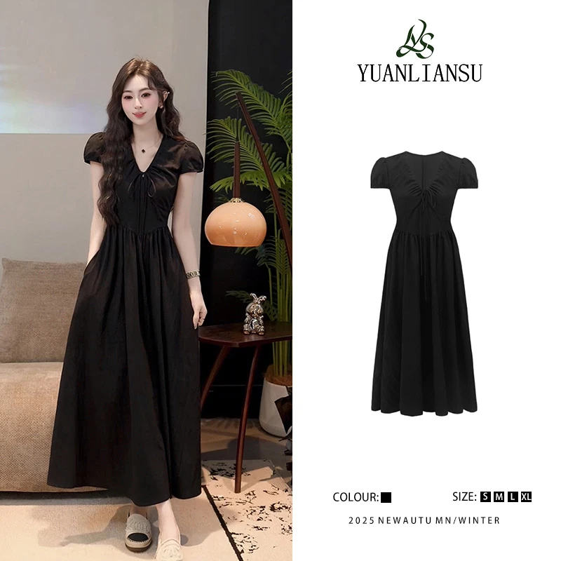 YUANLIANSU/圆脸酥【岛屿末歌】法式气质收腰显瘦连衣裙小黑裙