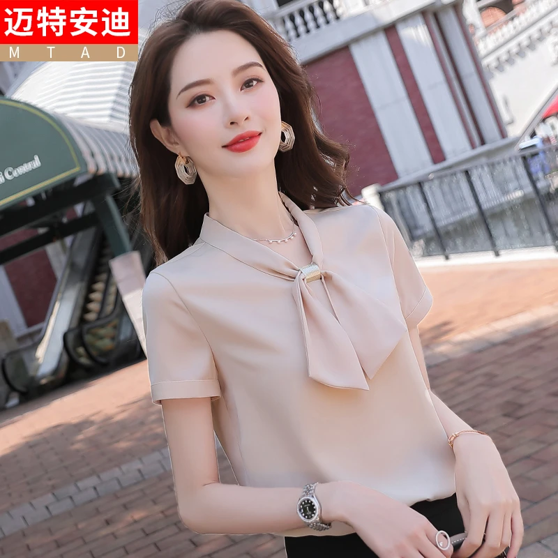 遮肚子雪纺衫女夏短袖2025新款通勤套头修身职业工装衬衣洋气小衫