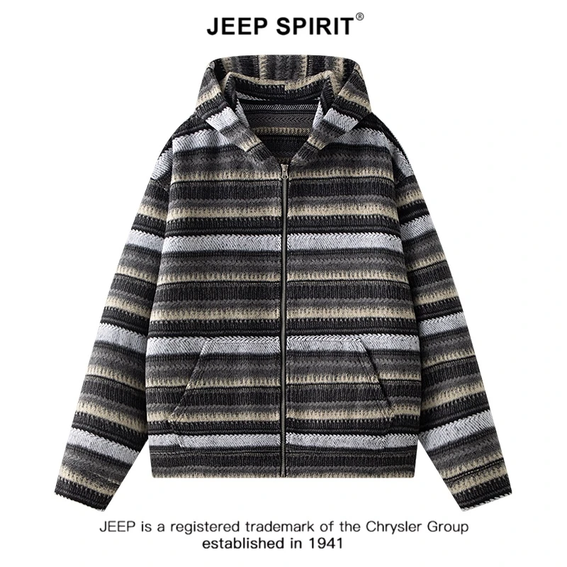 JEEPSPIRIT吉普秋季条纹连帽美拉德风男士卫衣拉链抗皱拼接宽松型
