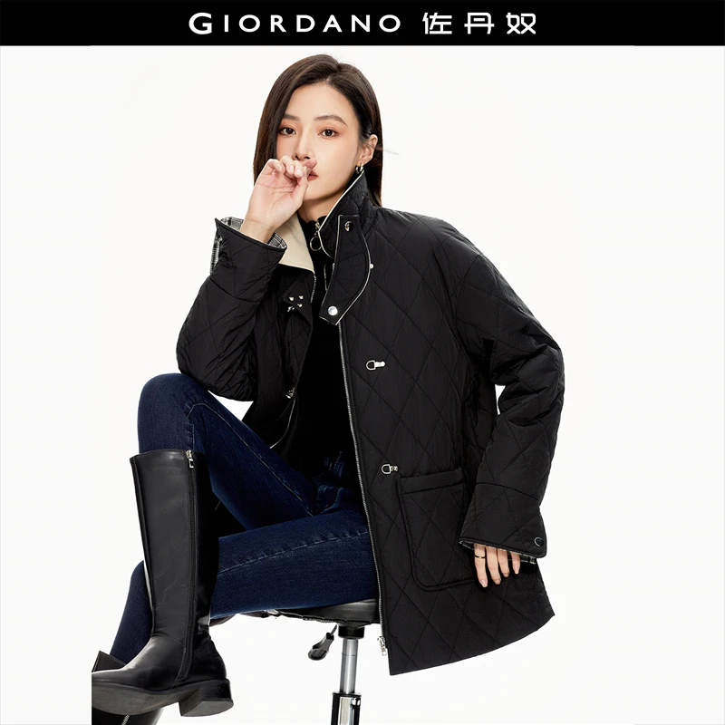 佐丹奴外套女装秋冬格纹可立领宽松保暖中长款棉衣外套18373915